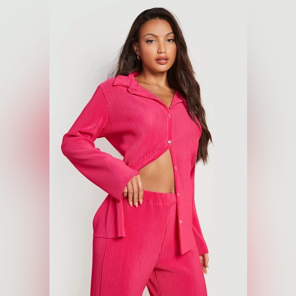 Bright Pink Plisse Button Up Top